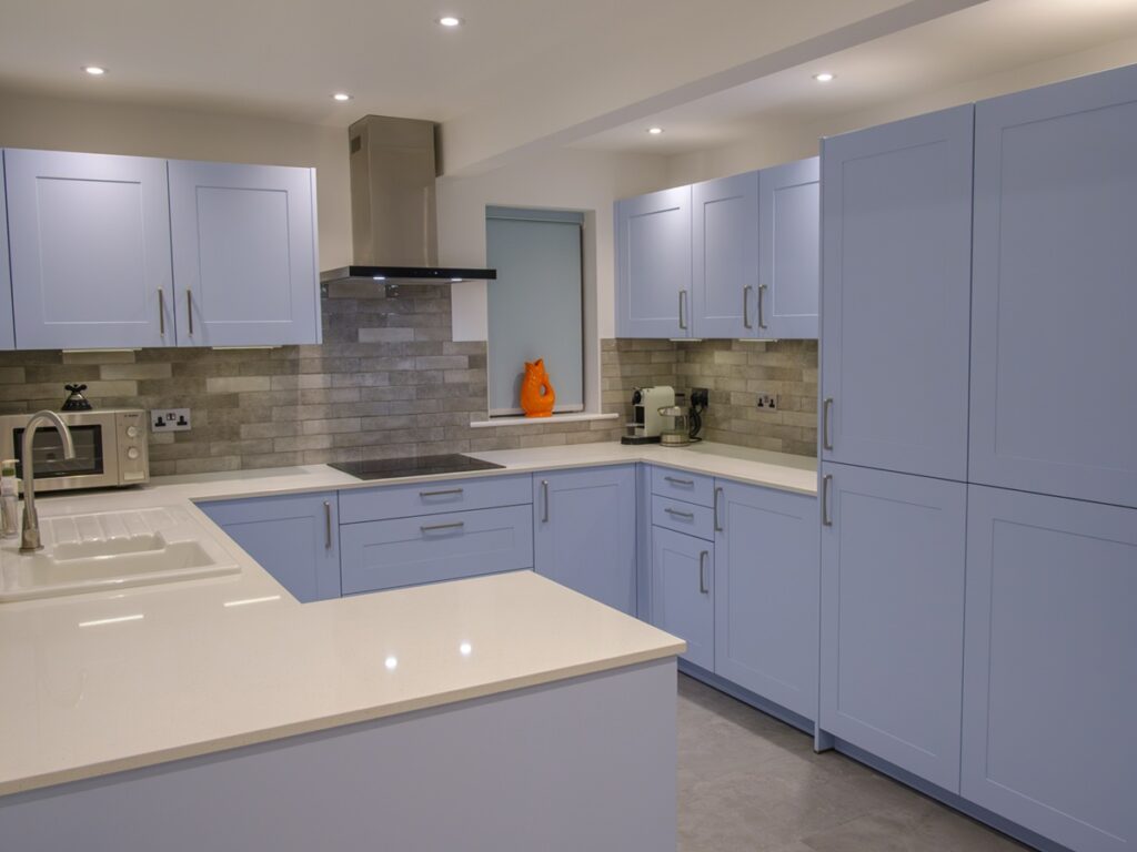 traditional blue shaker kitchen in Milford-on-sea, Hampshire