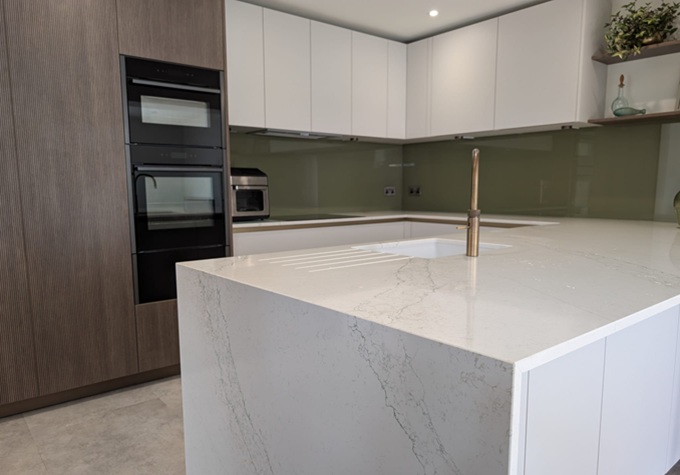 Modern kitchen with white quartz worktops in Milford-on-sea, Hampshire